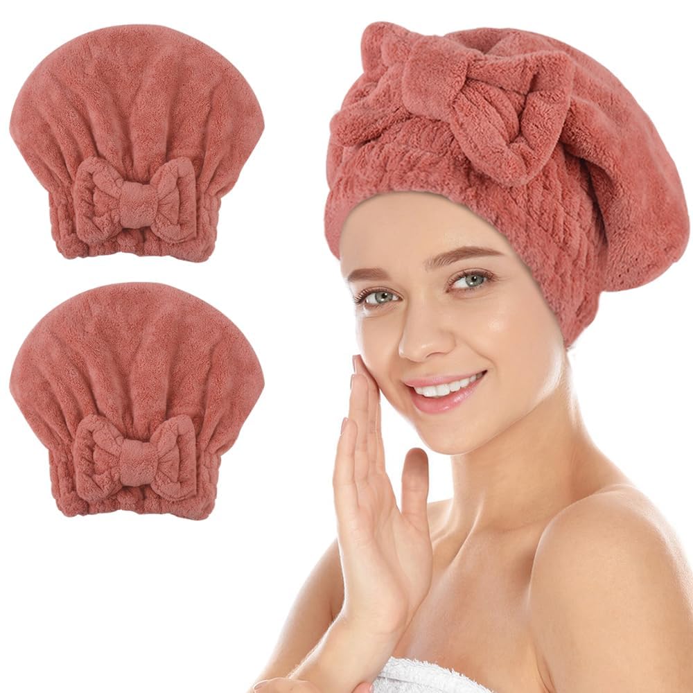 SUNLAND Large Microfiber Hair Drying Caps with Bow Knot 2 Pack Purple