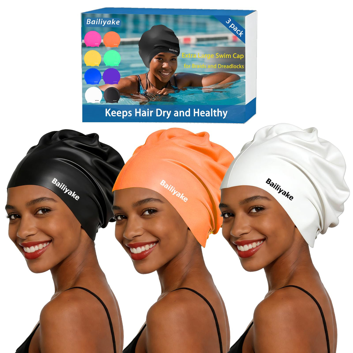 3 Pack Extra Large Swim Cap for Braids & Dreadlocks - Waterproof Silicone Swim Hat for Women with Long Thick Hair, Protective Swim Cap Cover Ears for Swimming, Shower, Bathing