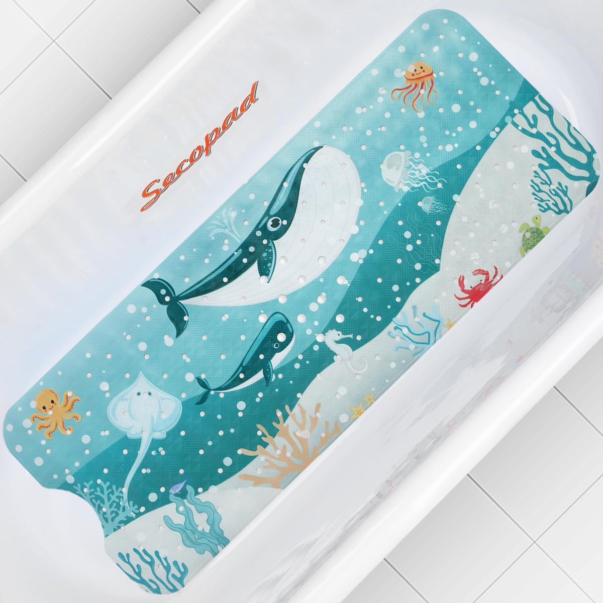 Secopad Bathtub Mat Non Slip, Cute Tub Mat, 40" x 16", Blue Sea Animals
