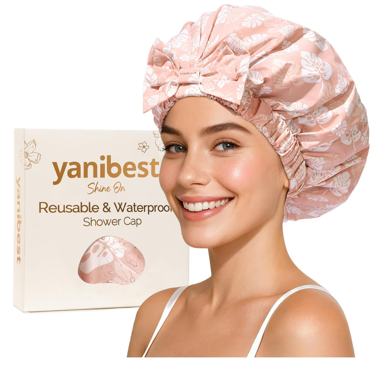 Yanibest Shower Cap Reusable Waterproof, Wide Elastic Band Bath Cap
