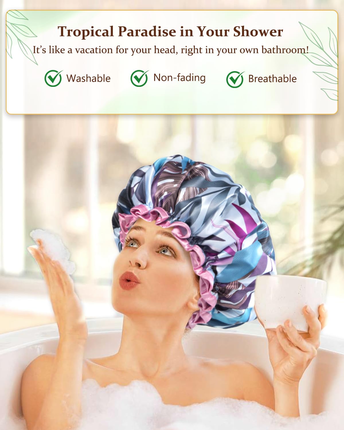 mikimini Large Shower Cap for Women, Adjustable, Tropic Style, 2 Pcs
