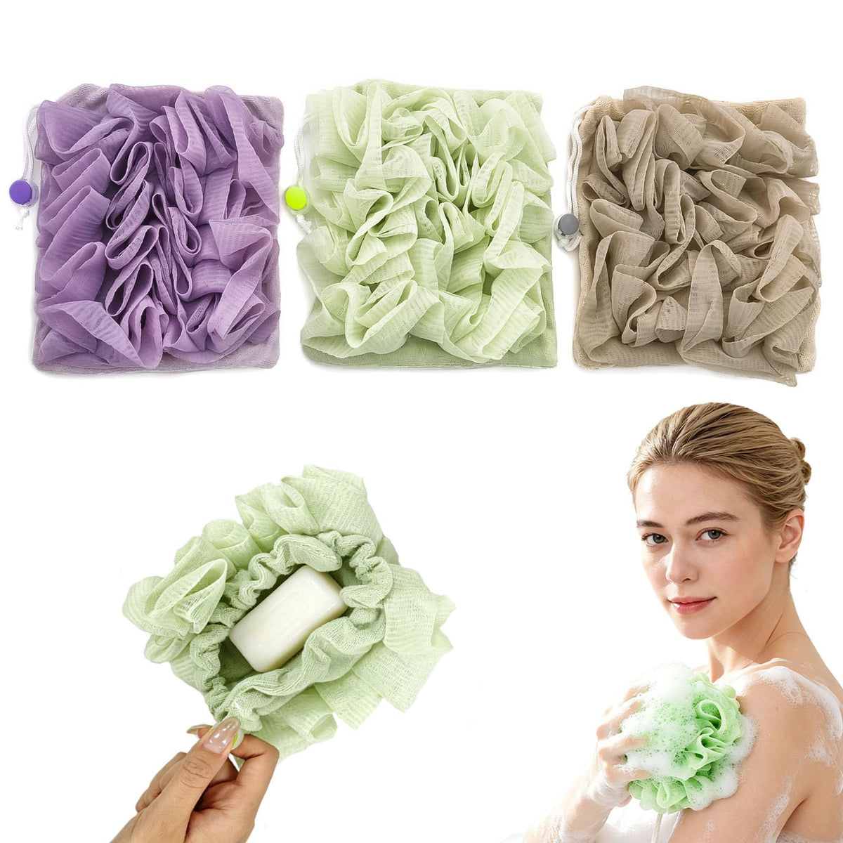 3-Pack Bar Soap Pouch, 2-in-1 Mesh Soap Scrubber Pouch with Loofah Washcloth, Washable and Reusable Soap Saver for Shower Lathering and Shower Use 