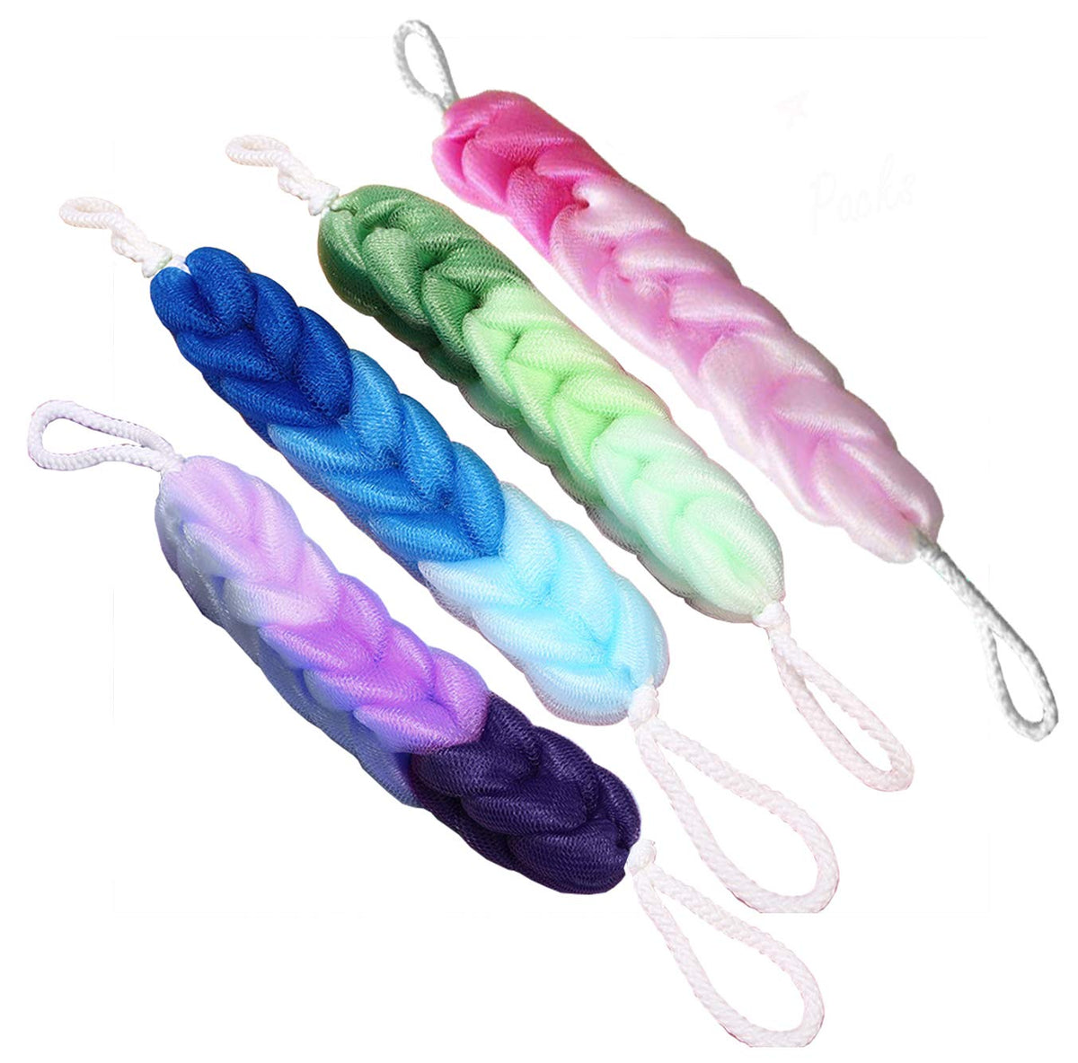 AARainbow 4 Packs Long Stretch Back Sponge with Rope Handles Back Scrubber Bath Shower Mesh Sponge Exfoliating Body Scrub Stretch Braided Loofah for Men and Women (B-1 Grey+1 Green+1 Pink+1 Coffee)