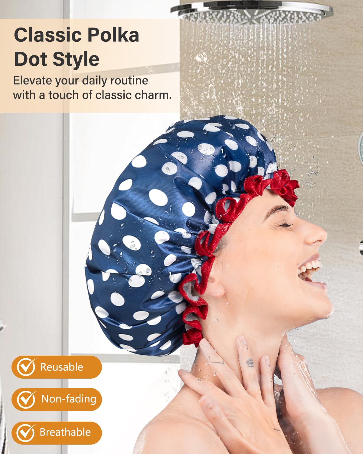 mikimini Shower Cap Waterproof for Women, Medium, 2 Pcs, Polka Dot