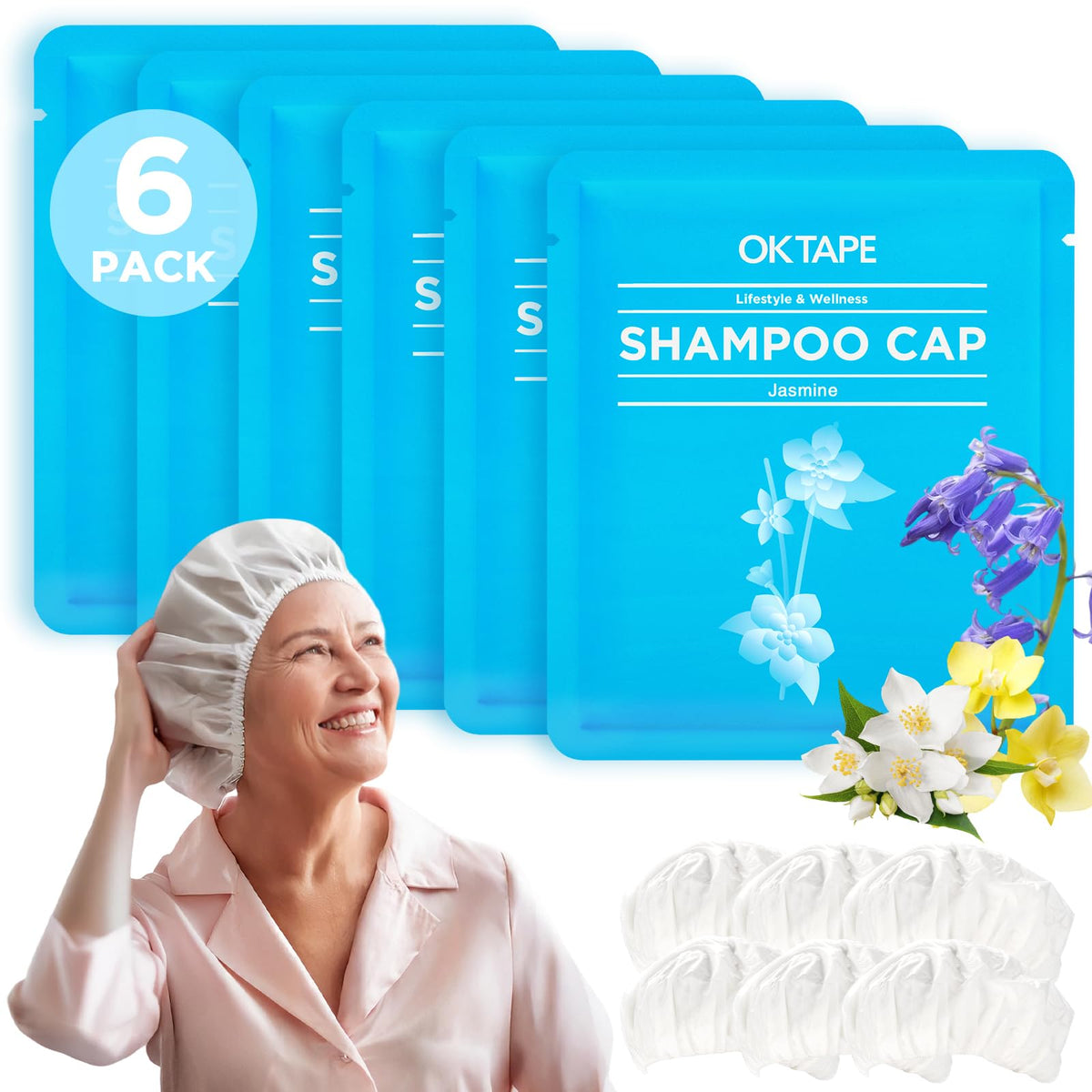 OK TAPE No Water Shampoo Caps (6 Pack) 3 Scents, Rinse Free Shower Cap