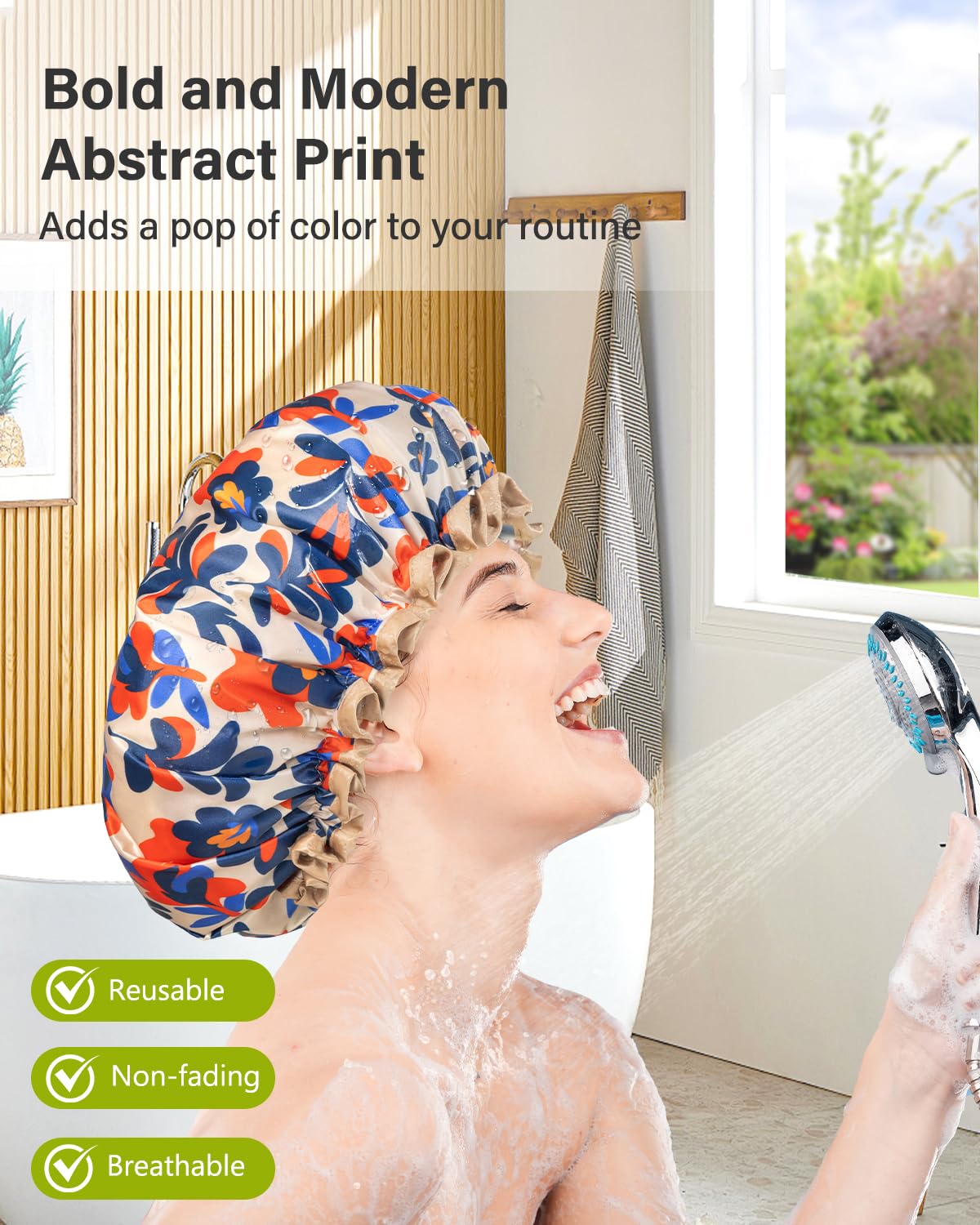 mikimini Large Shower Cap for Women Long Hair, Abstract Print, 2 Pieces