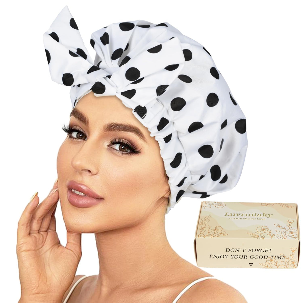 2Pcs Shower Caps for Women Shower Cap Reusable Waterproof Hair Cap for Shower with Adjustable Bowknot Luxury Bath Cap for Women (Black Dot & Pink Dot)