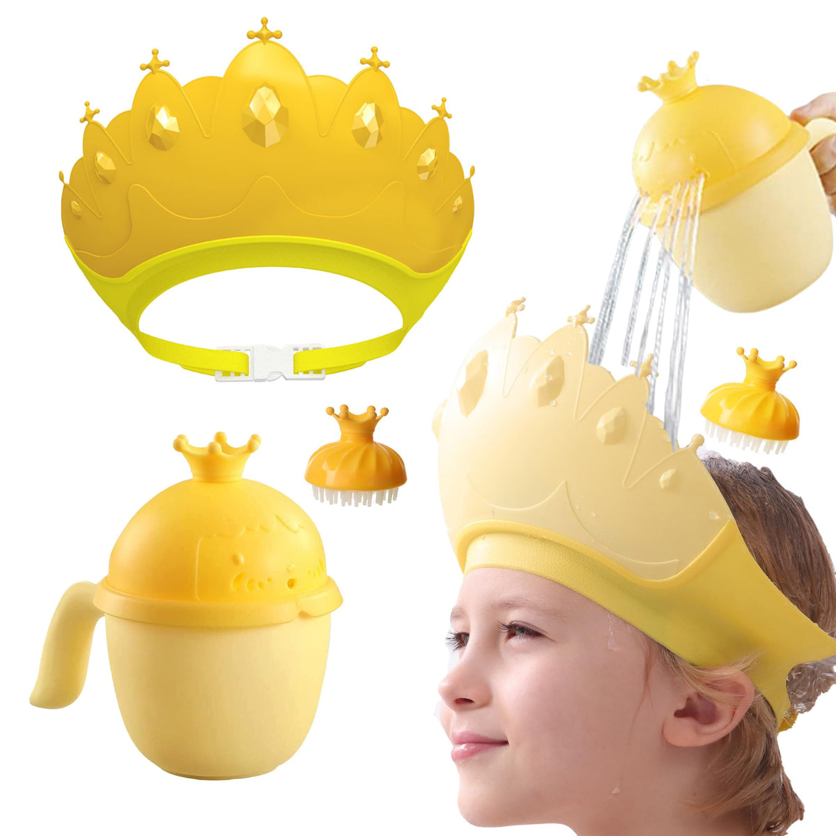 Baby Shower Cap Shield, Baby bath set shower cap/water cup/massage brush,Visor Hat for Eye and Ear Protection for 0-9 Years Old Children,Cute Crown Shape Makes the Baby Bath More Fun (Blue)