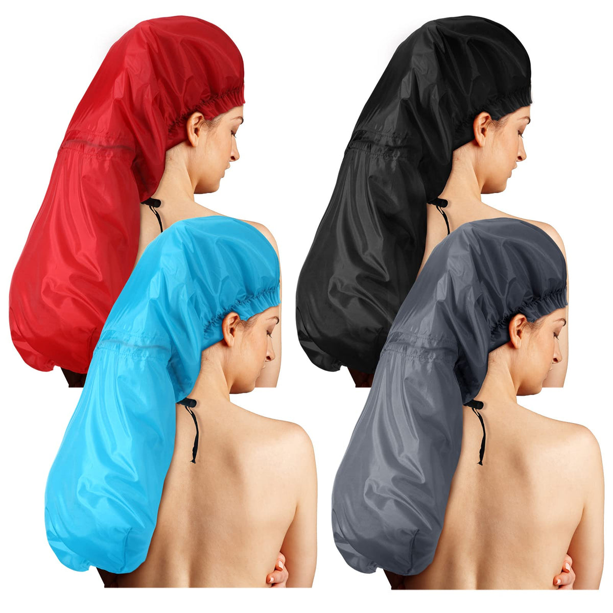 Eurzom 4 Pcs Large Shower Cap for Braids Locs, Red, Blue, Black, Gray