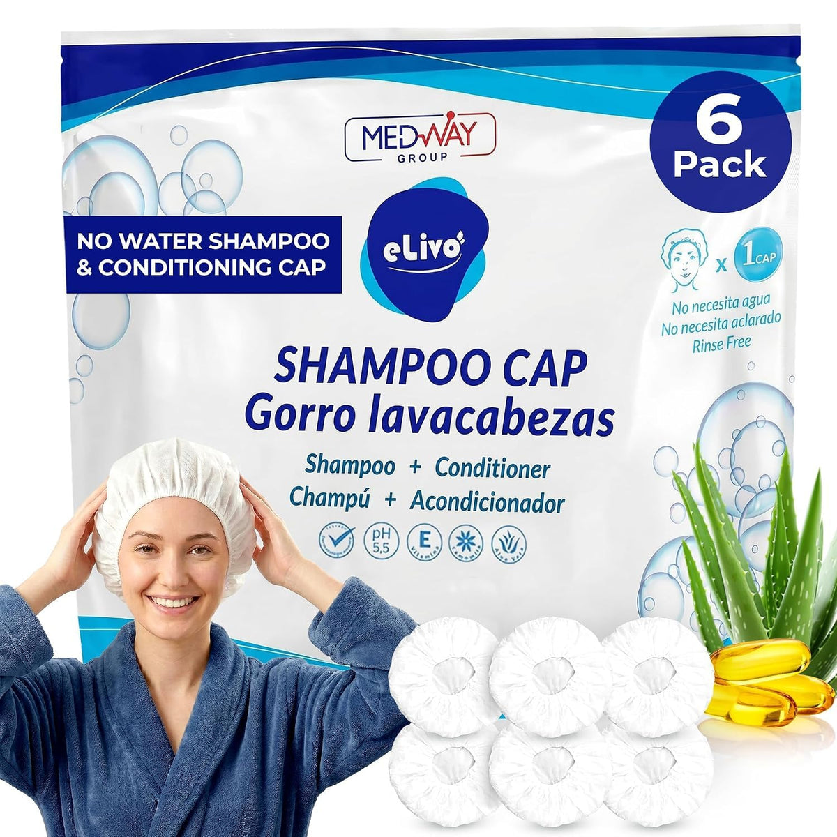 MedVance Rinse Free Shampoo & Conditioning Shower Cap Dry Hair Wash, 3 Pack