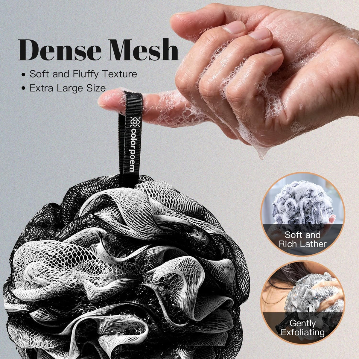 Charcoal 100g Loofah Sponge, Loofah with Hanging Loop 4 pcs, XXXL Mesh Black Bath Sponge Puff Set, Exfoliating & Soothing Shower Loofah for Men – Back & Body Bath Sponge