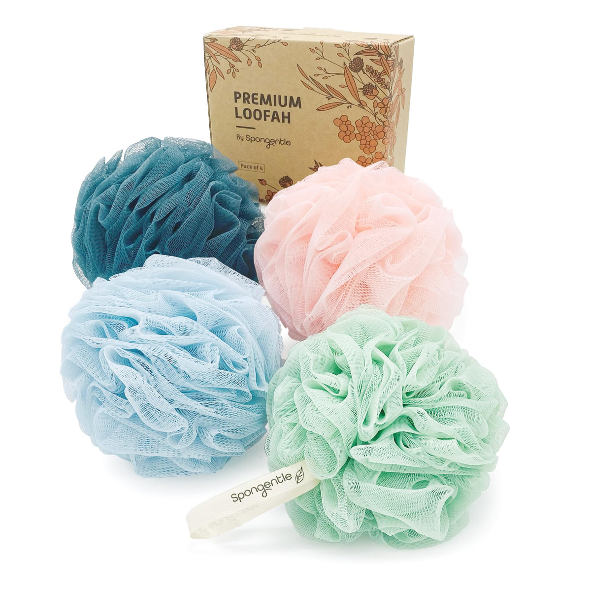Spongentle Shower Loofah Bath Sponge, Body Scrubber with Soft Mesh, Exfoliating Bath Pouf and Body Wash Sponge for Women and Men, Bath Accessories Cleaning Tool, Large 60g 4 Pack