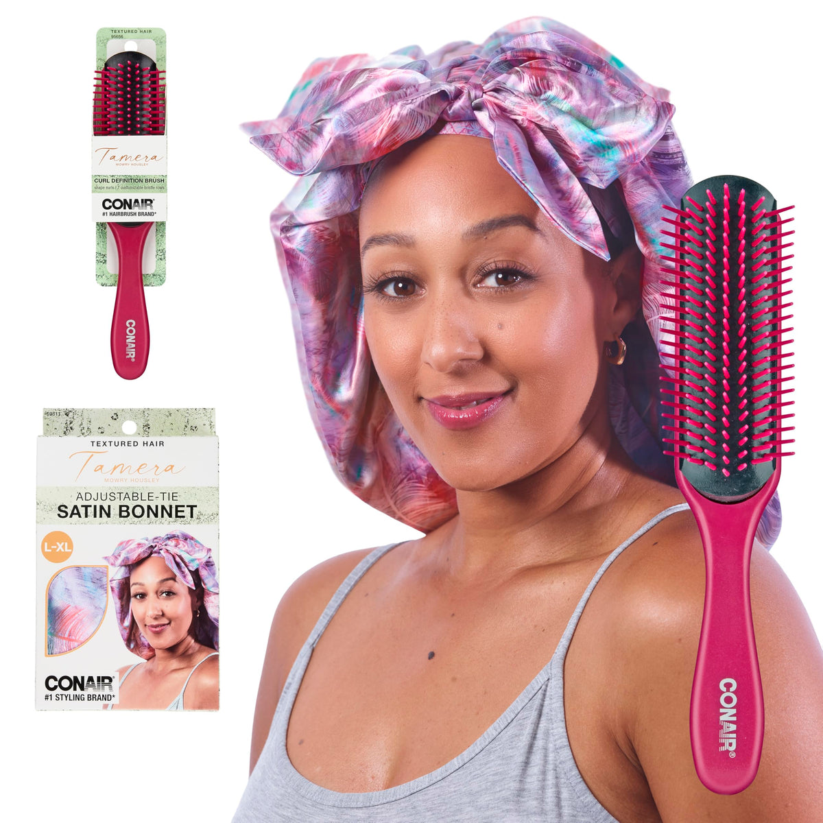 CONAIR x Tamera Mowry Housley Collection Satin Hair Bonnet with Bonus Pillowcase for Sleeping Set - Use on long and short lengths - preserve curls and braids - sleep cap for women - 2 piece bundle