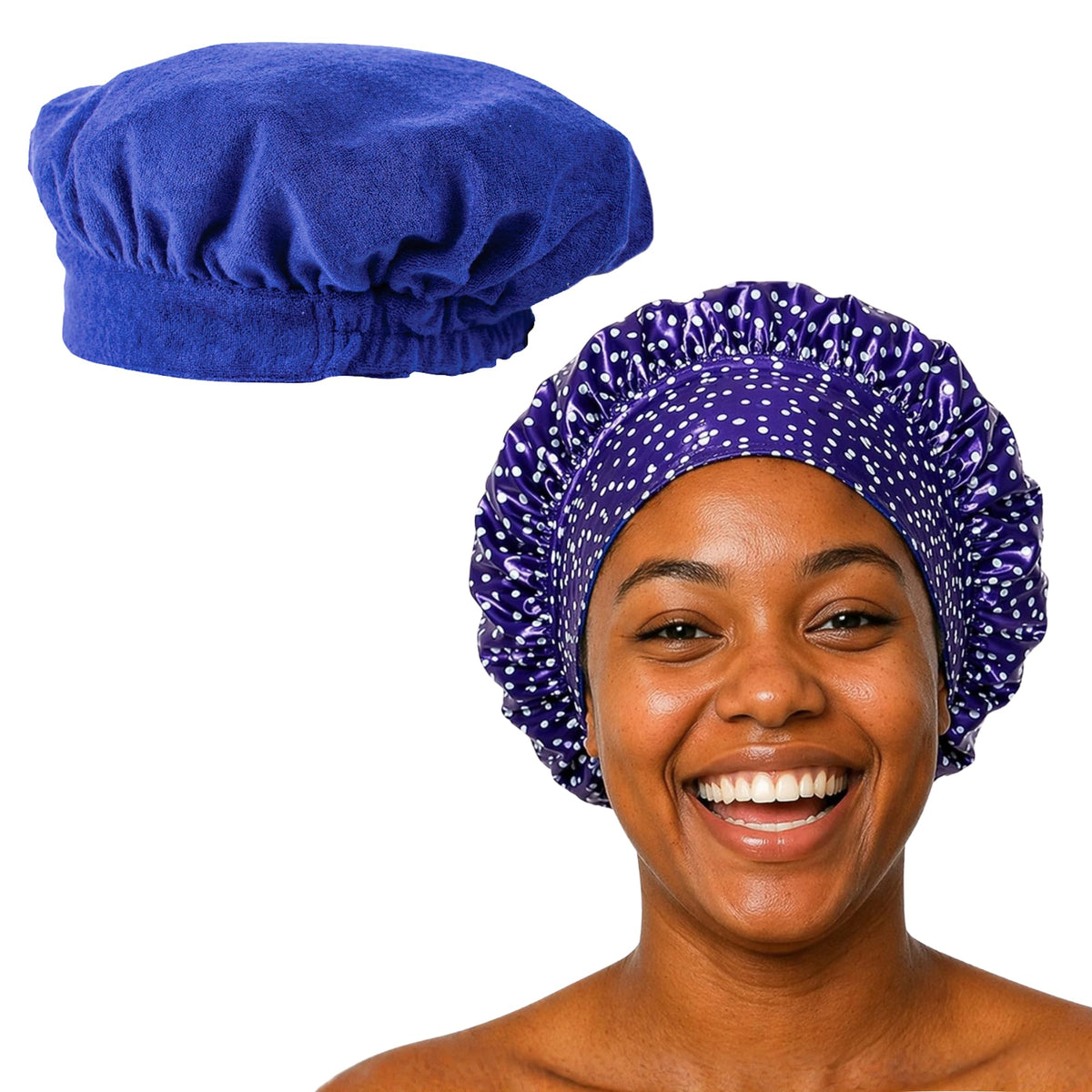 TIARA Reversible, Reusable, Waterproof Shower Cap – Large Shower Cap for Long. Short, Braided, or Thick Hair, Reversible Deep Conditioning Hair Cap, Soft Terry Lined, Machine Washable (Blue Dots)