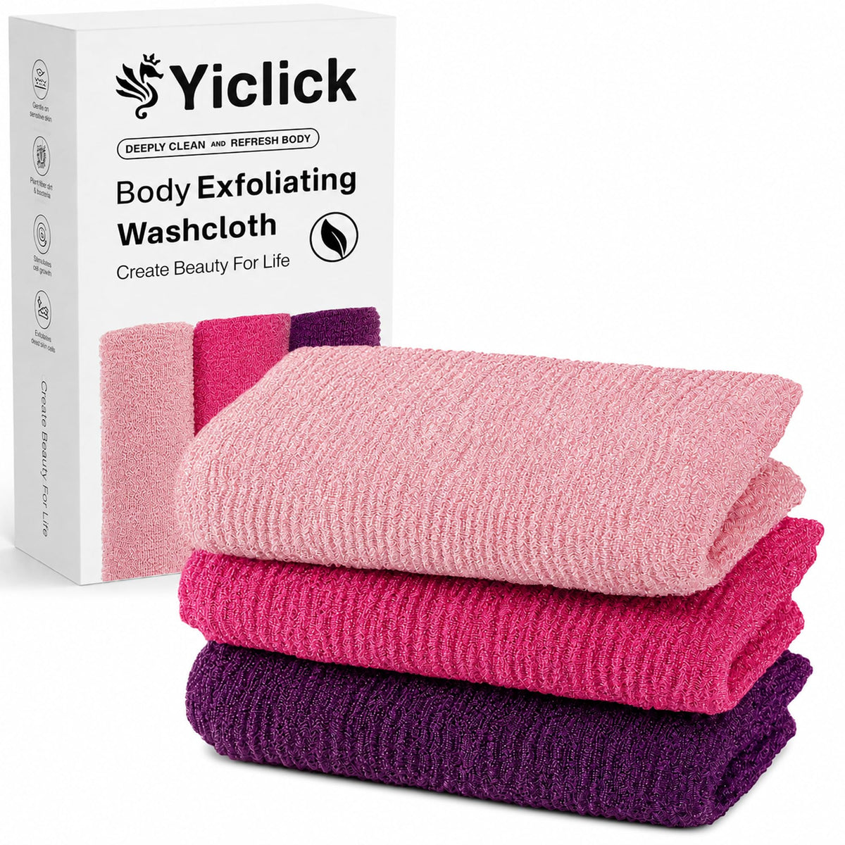 Yiclick 3 PCS Exfoliating Washcloth Towels - Exfoliating Body Scrubber Exfoliator, Back Scrubber for Shower Bath Use, Japanese & Korean Scrub Wash Cloths, Loofah Lufa Sponge Washer for Women Men