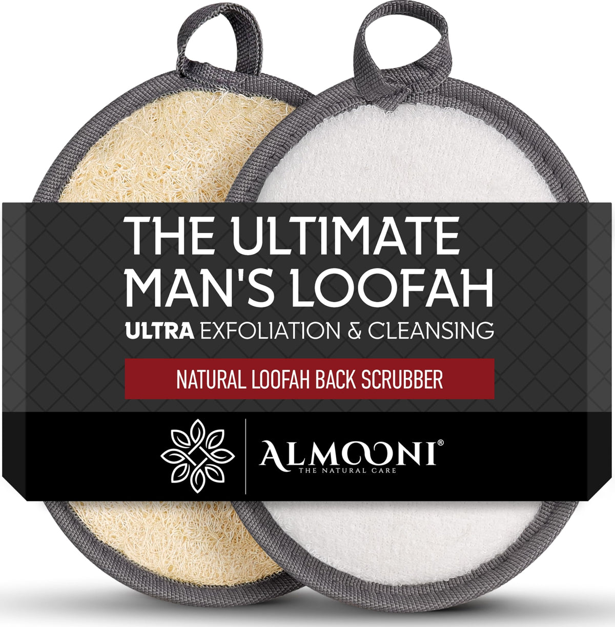 ALMOONI Loofah Sponge Body Scrubber for Men, Black, 2 Count