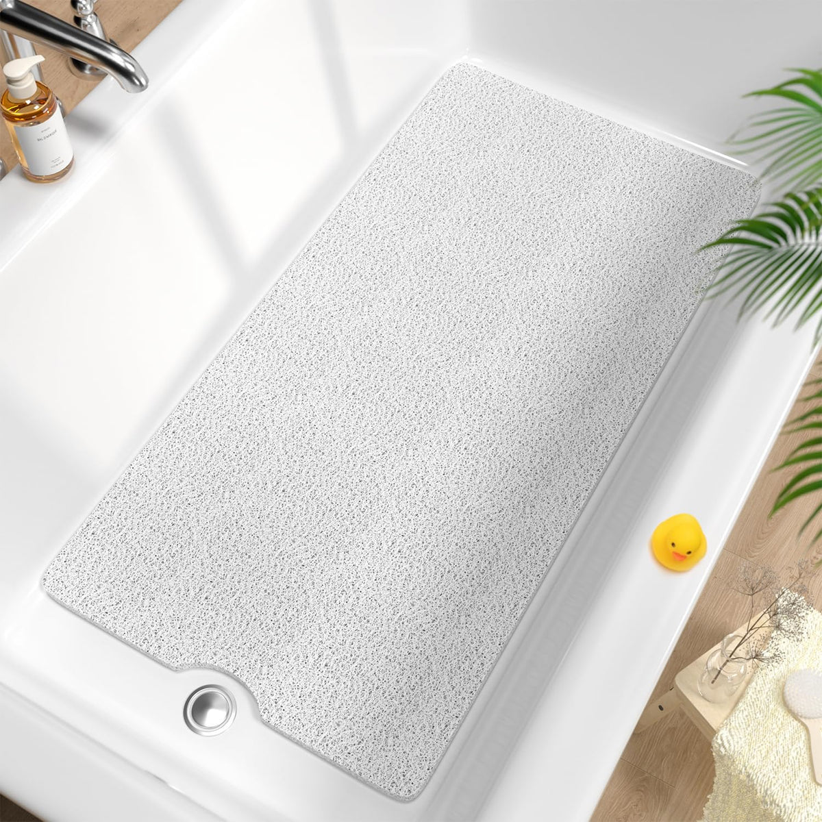 HITSLAM Non Slip Bathtub Mat 40 x 16 Inch, Extra Long Bath Mat for Tub, Soft PVC Loofah Shower Floor Mat with Drain, Quick Drying Bathroom Tub Mat for Wet Area, Without Suction Cup, Grey