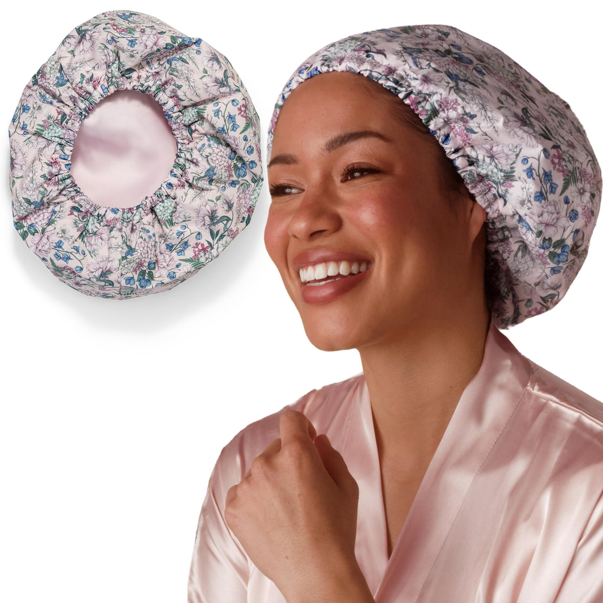 Kitsch Luxury Satin-Lined Flexi Shower Cap for Women - Gingham Blue