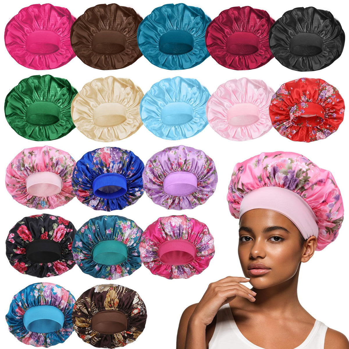 WLLHYF 18 Pcs Satin Bonnets for Sleeping, Large Silk Bonnet Wide Band Hair Bonnet Soft Elastic Hair Wrap Cap Silky Shower Cap for Black Women Men Curly Hair