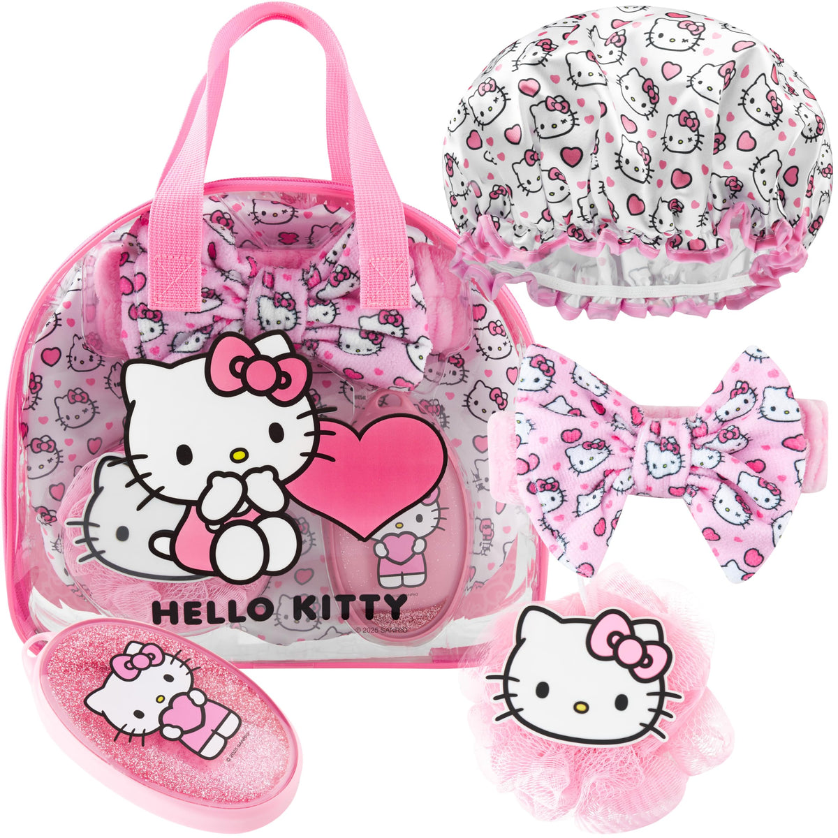 Hello Kitty Sanrio Shower Accessories Set, Kawaii Toiletry Bag with Shower Cap Headband Bath Sponge, Gifts for Girls, Teens, Women (Pink Hello Kitty)