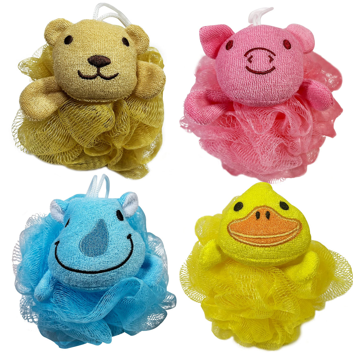 (4 Pack) Lovely Animal Design Kids Exfoliating Bath Scrubber Body Scrubber Shower Ball for Baby Toddler Kids Gentle Exfoliating Bath Sponge Loofah Pouf in Colorful Design