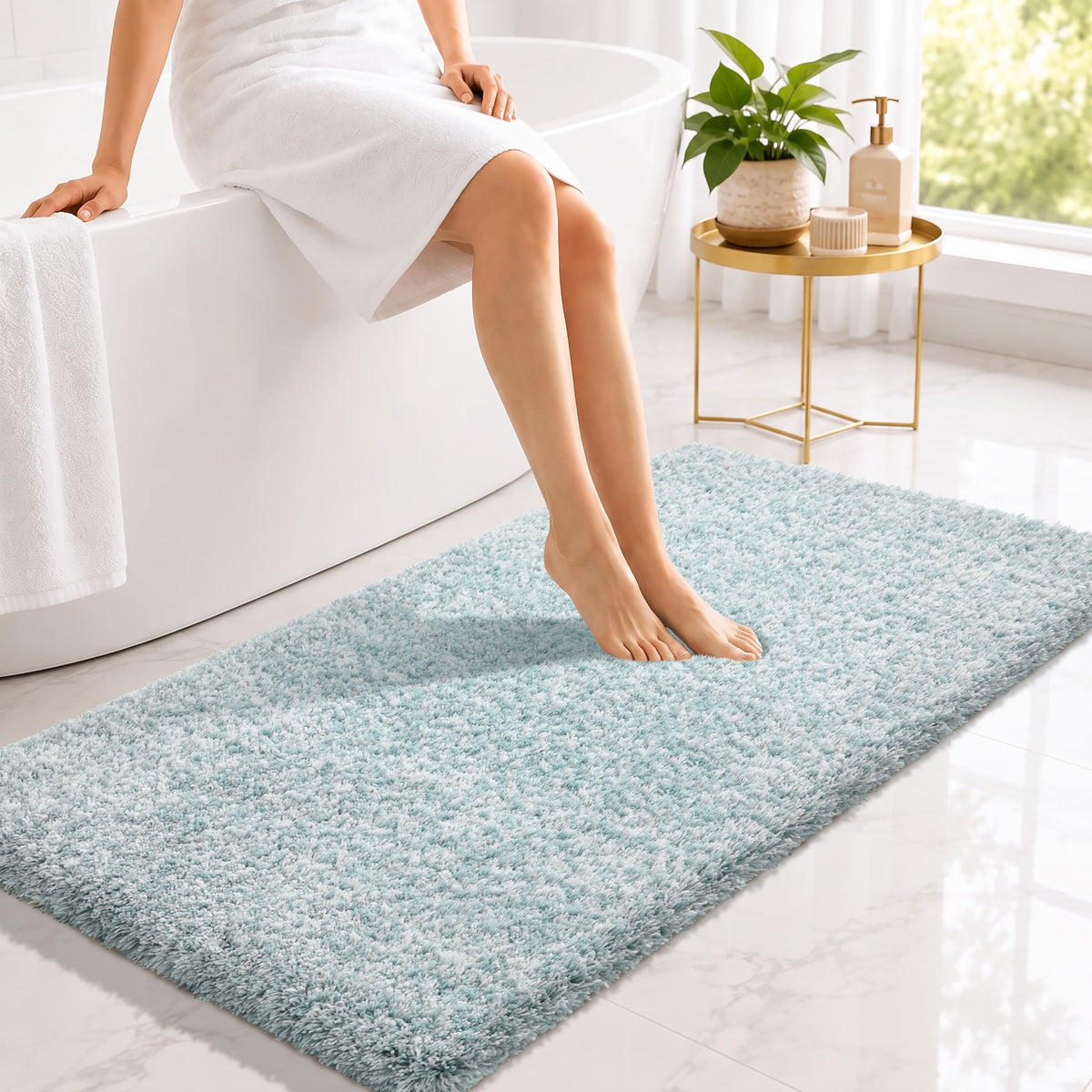 Yimobra Bathroom Rugs Non Slip Washable 32X20, Ultra Soft and Water Absorbent Bath Mats, Plush Fluffy Shower Mat Outside, Microfiber Thick Matts for Bathroom Floor/Tub, Light Gray and White