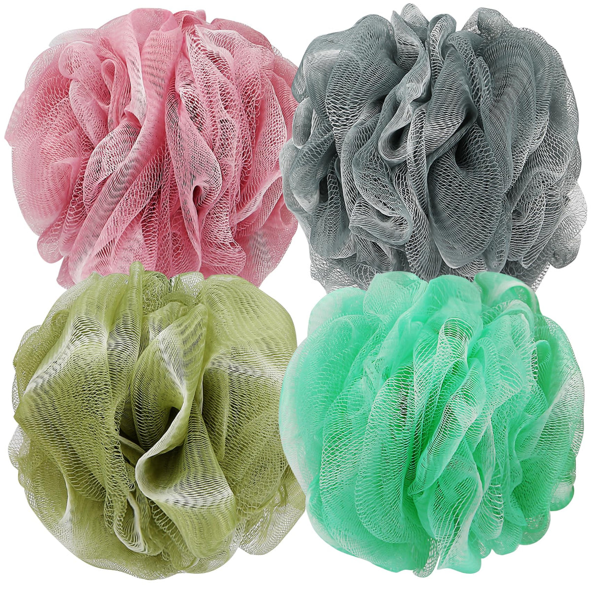 DadyMart Shower Loofah Sponge Pouf – XL Exfoliating Bath Puff Body Scrubber, Soft Mesh Shower Sponge with Reinforced Knot, Rich Lather, Set of 4 for Women and Men