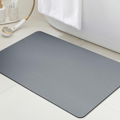 ACCUMTEK Non Slip Bath Mat, Thin Bathroom Rugs Fit Under Door, Quick Dry Bath Mats, Machine Washable Bath Rugs for Bathroom, Bathtub & Kitchen, Grey/Bordered/24 x17