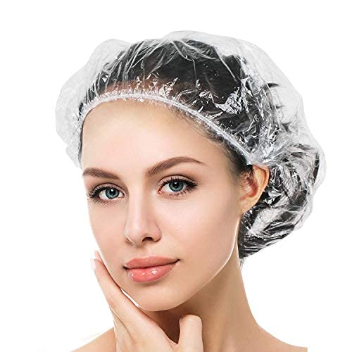 Auban 100PCS Disposable Shower Caps Independent Packing, Plastic Clear Hair Cap Large Thick Waterproof Bath Caps for Women, Travel Essentials Accessories (20.5")