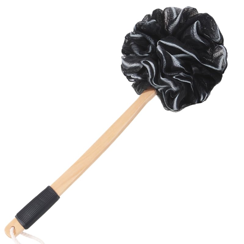 FORENEE Black Loofah on a Stick, PE Mesh Back Scrubber with Wood Handle