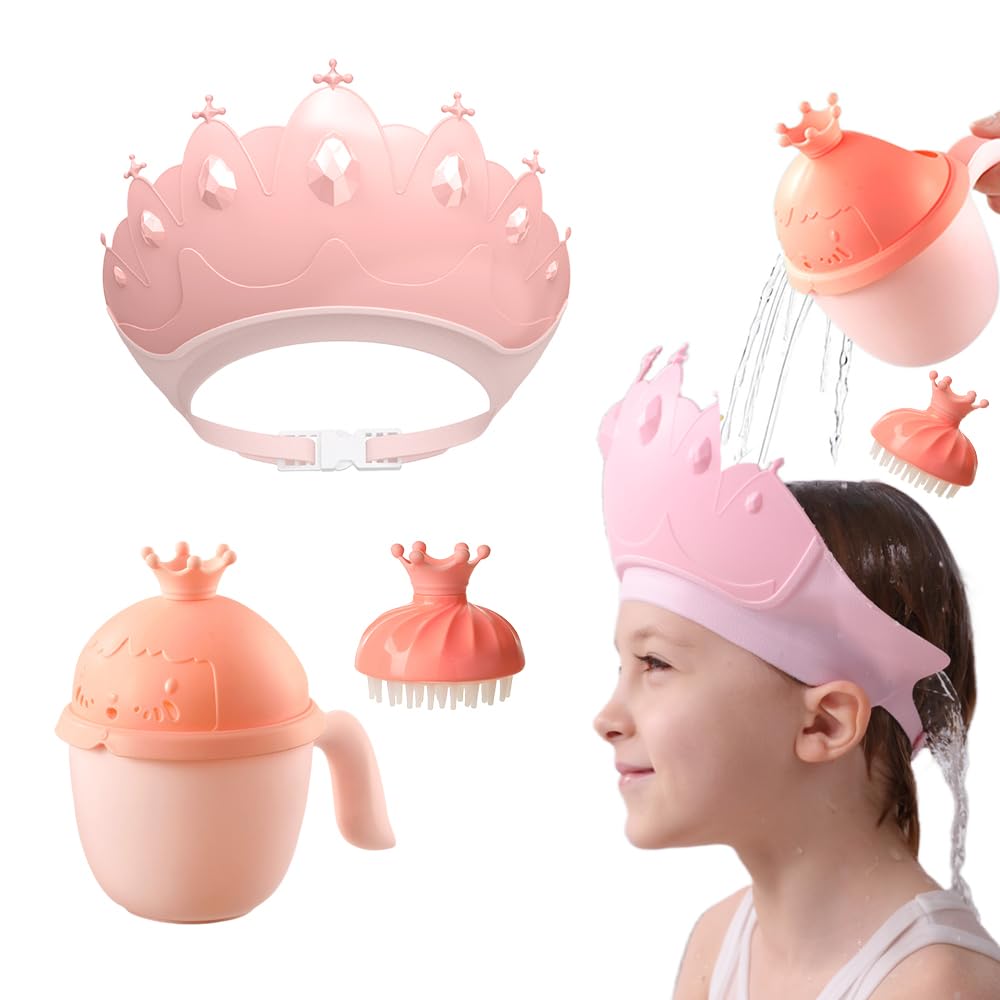 Baby Shower Cap Shield, Baby bath set shower cap/water cup/massage brush,Visor Hat for Eye and Ear Protection for 0-9 Years Old Children,Cute Crown Shape Makes the Baby Bath More Fun (Blue)