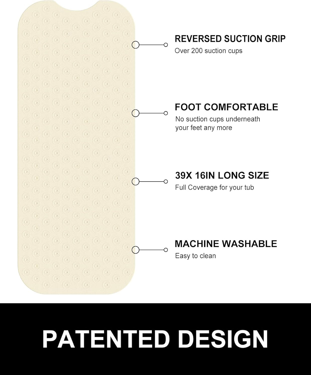 OTHWAY Bathtub Mat Non Slip, 39X16 inch Bath Mat for Tub, Machine Washable Bath Tub Mats with Reverse Suction Cups, Comfortable Rubber Bathtub Mat for Bathroom (Beige)