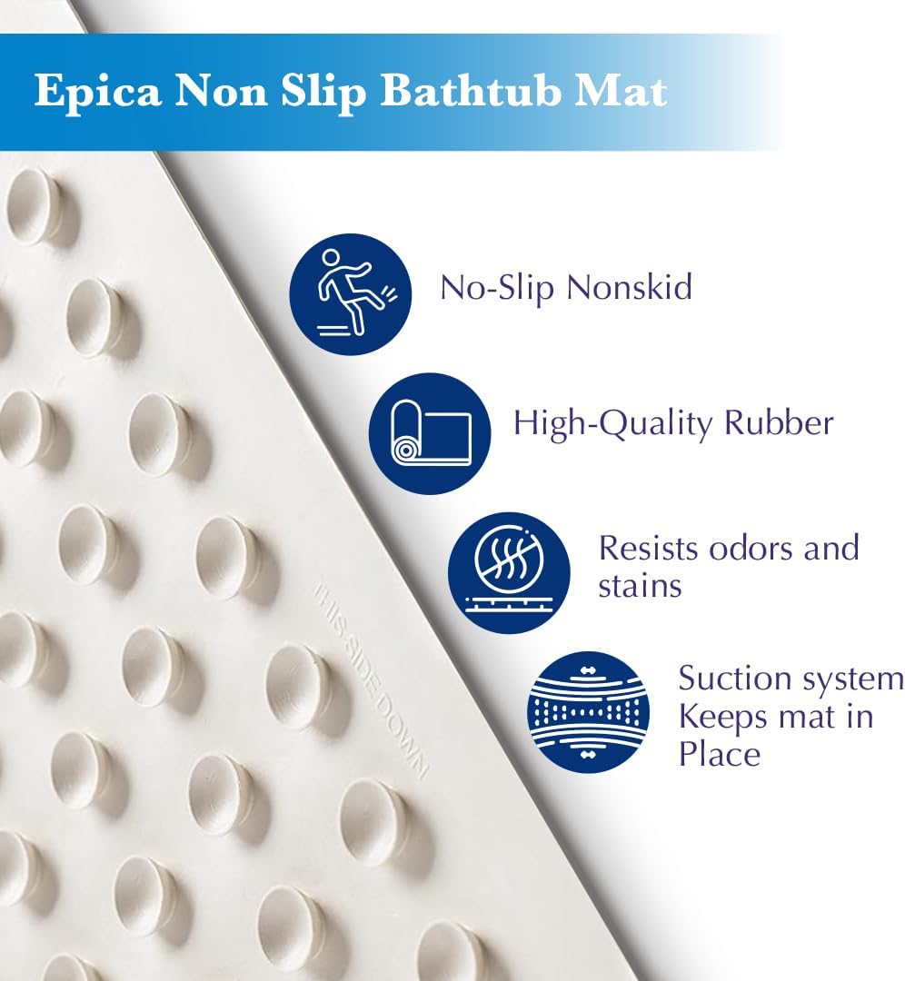 Epica Bathtub Mat Non Slip, Rubber Bath Mat for Kids, Baby, Pet, 16 x 28