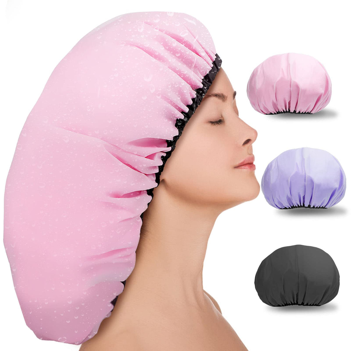 Sheomern 3 Pcs Super Jumbo Satin Lined Shower Cap for Women, Extra Large, Adjustable for Braids, Long Hair & Locs Dreadlocks
