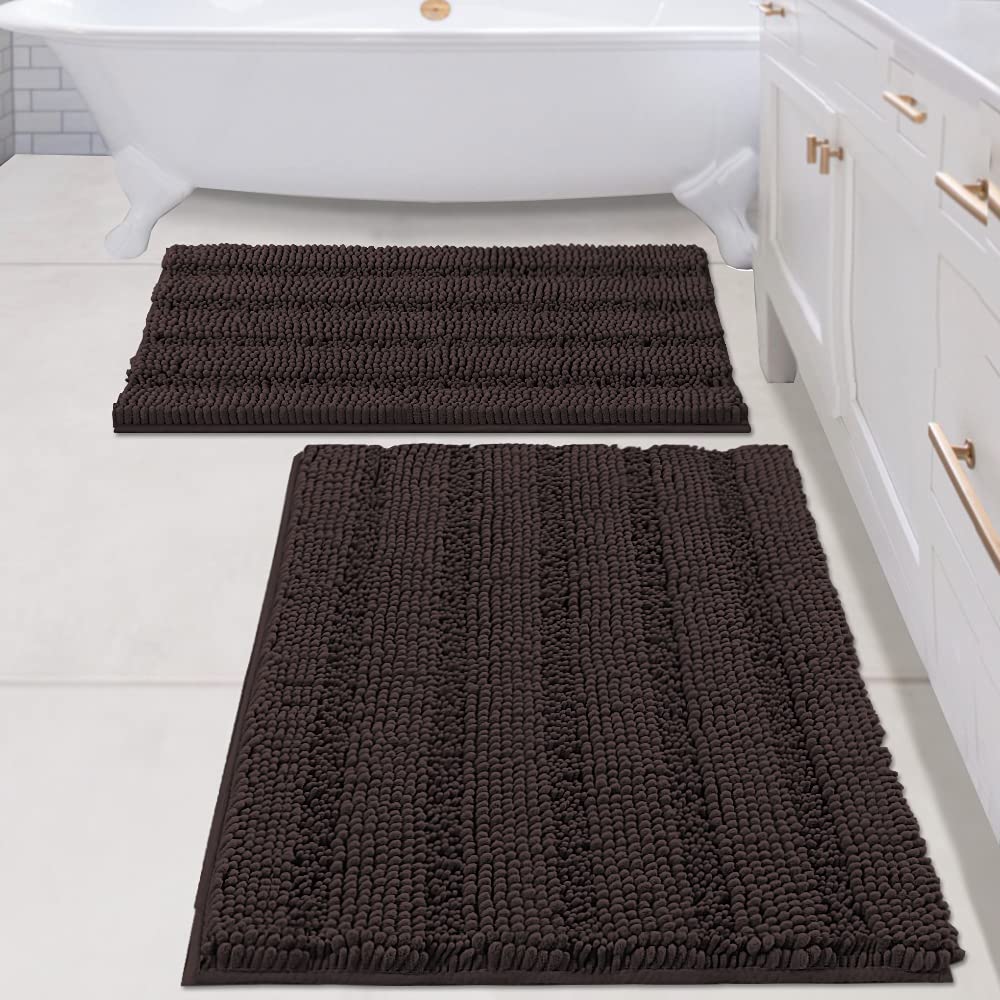 H.VERSAILTEX Grey Bathroom Rug Set Bath Mats, 2 Piece Bath Rugs Non Slip Thick Soft Chenille Striped Bath Rug Set, Bath Mats for Bathroom Sets (Grey, 20" x 32"/17" x 24")