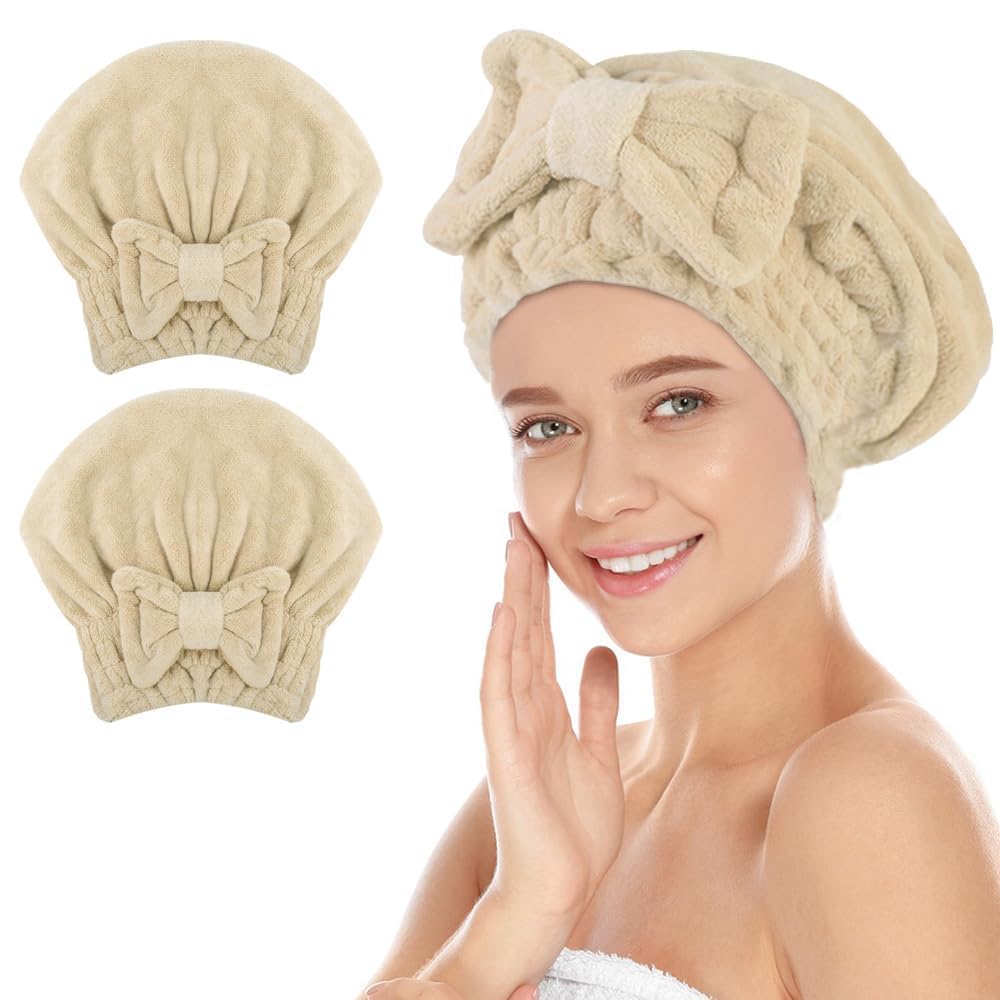 SUNLAND Large Microfiber Hair Drying Caps with Bow Knot 2 Pack Purple