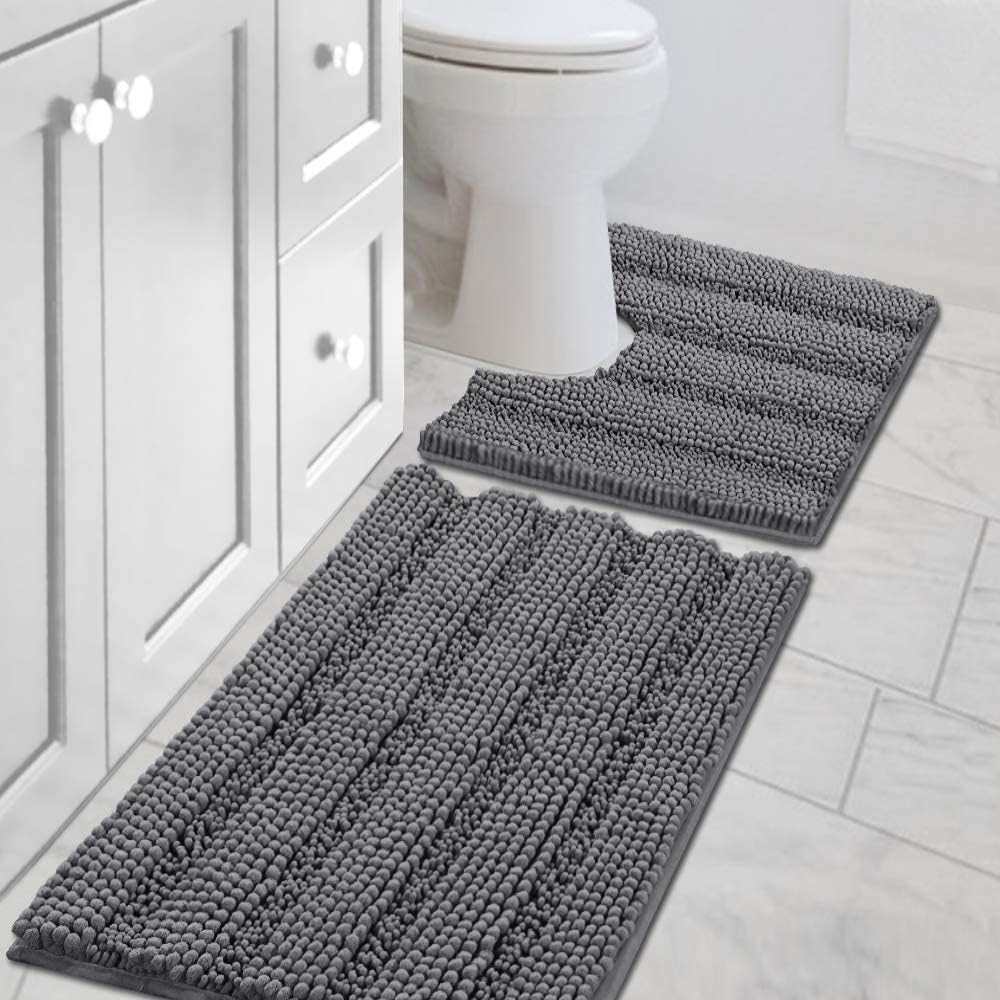 H.VERSAILTEX Grey Bathroom Rug Set Bath Mats, 2 Piece Bath Rugs Non Slip Thick Soft Chenille Striped Bath Rug Set, Bath Mats for Bathroom Sets (Grey, 20" x 32"/17" x 24")