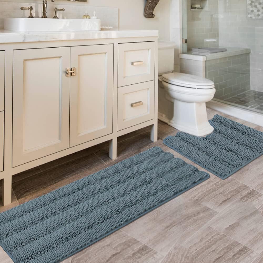 H.VERSAILTEX Grey Bathroom Rug Set Bath Mats, 2 Piece Bath Rugs Non Slip Thick Soft Chenille Striped Bath Rug Set, Bath Mats for Bathroom Sets (Grey, 20" x 32"/17" x 24")