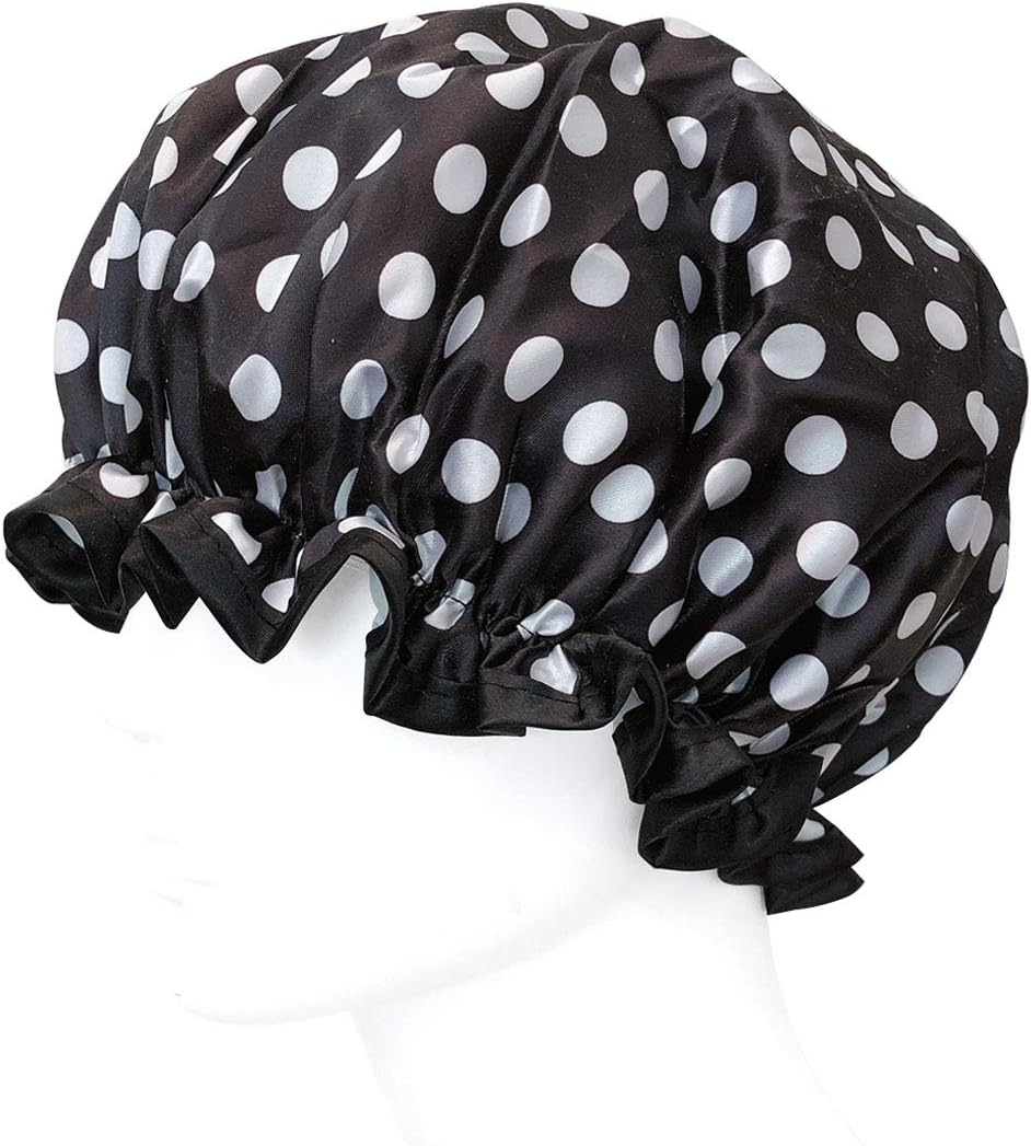 allydrew Reusable Women's Waterproof Shower Caps for Long Hair, Black and White Dots