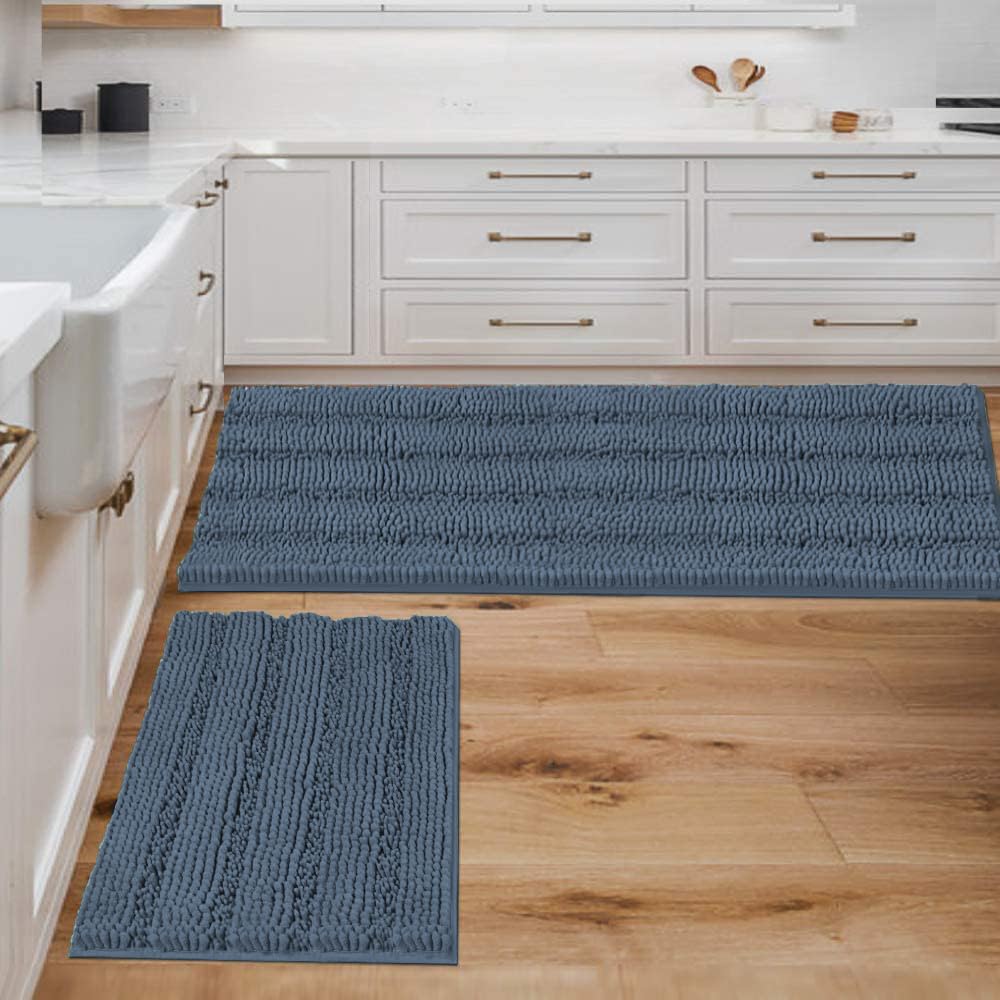 H.VERSAILTEX Grey Bathroom Rug Set Bath Mats, 2 Piece Bath Rugs Non Slip Thick Soft Chenille Striped Bath Rug Set, Bath Mats for Bathroom Sets (Grey, 20" x 32"/17" x 24")