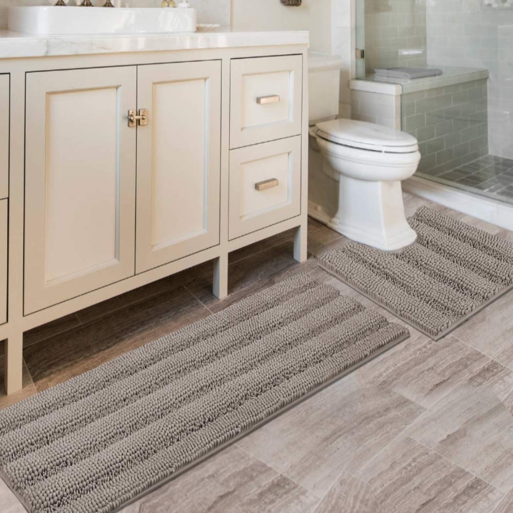 H.VERSAILTEX Grey Bathroom Rug Set Bath Mats, 2 Piece Bath Rugs Non Slip Thick Soft Chenille Striped Bath Rug Set, Bath Mats for Bathroom Sets (Grey, 20" x 32"/17" x 24")