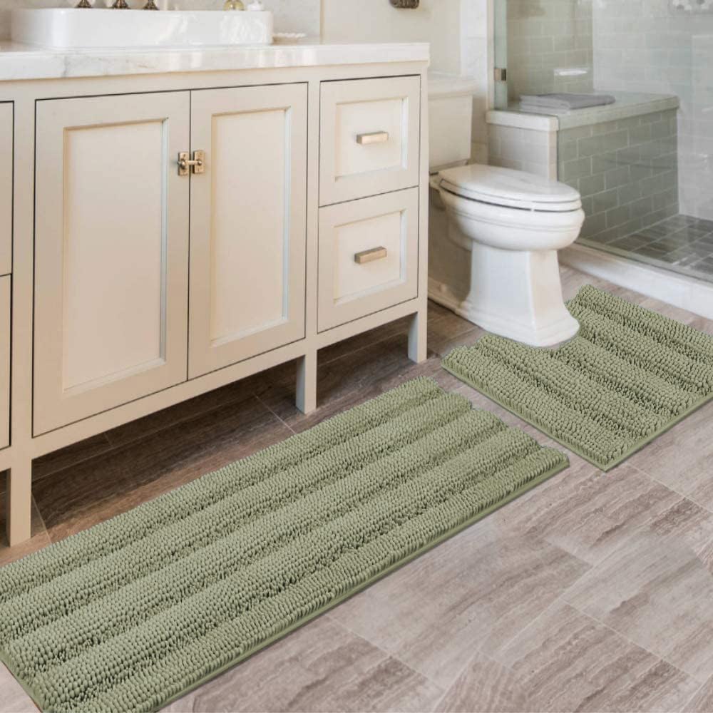 H.VERSAILTEX Grey Bathroom Rug Set Bath Mats, 2 Piece Bath Rugs Non Slip Thick Soft Chenille Striped Bath Rug Set, Bath Mats for Bathroom Sets (Grey, 20" x 32"/17" x 24")