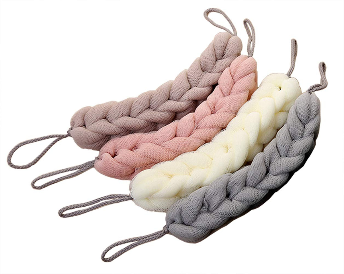 AARainbow 4 Packs Long Stretch Back Sponge with Rope Handles Back Scrubber Bath Shower Mesh Sponge Exfoliating Body Scrub Stretch Braided Loofah for Men and Women (B-1 Grey+1 Green+1 Pink+1 Coffee)