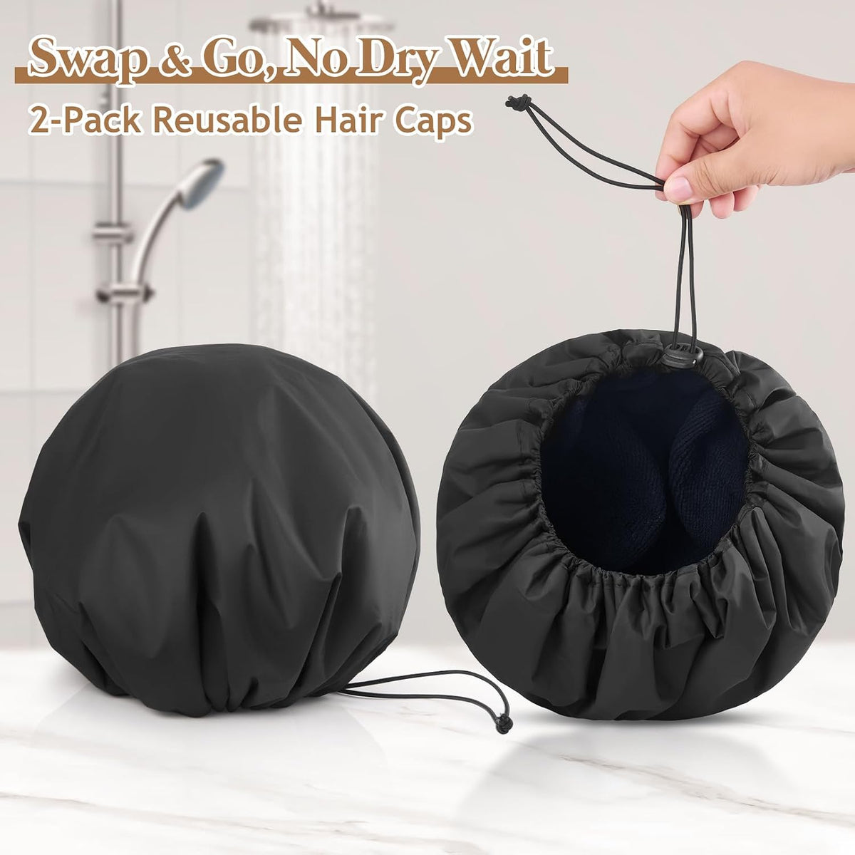 Sheomern 2 Pcs 15" XL Extra Large Terry Lined Shower Cap, Adjustable Dual Waterproof Shower Cap for Women Reusable Soft Hair Cap Bath Cap for Long Braids, Thick Hair, Locs, Curly Hair