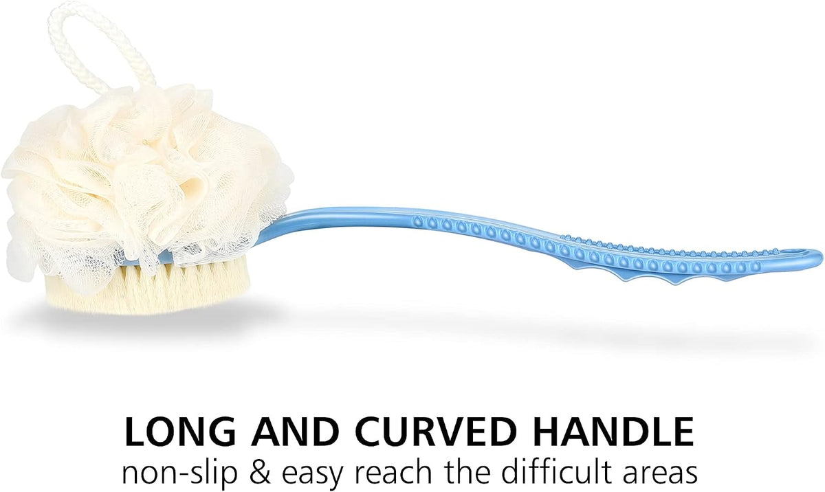 Shower Body Brush Bristles & Mesh Loofah Sponge,Curved Handle Back Scrubber