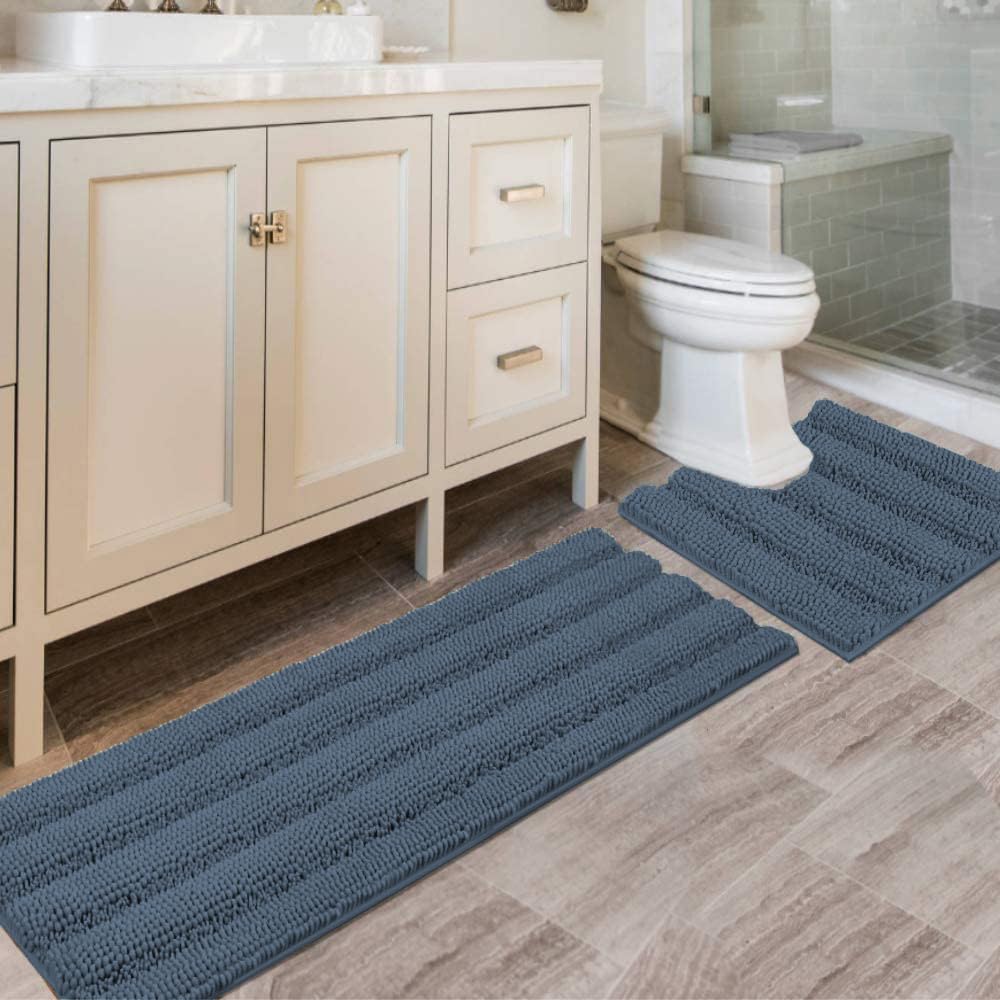 H.VERSAILTEX Grey Bathroom Rug Set Bath Mats, 2 Piece Bath Rugs Non Slip Thick Soft Chenille Striped Bath Rug Set, Bath Mats for Bathroom Sets (Grey, 20" x 32"/17" x 24")