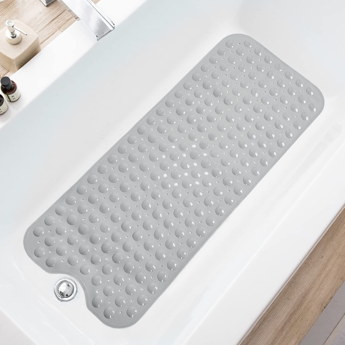 TEESHLY Bath Tub and Shower Mats, Non-Slip 39 x 16 Inch Extra Long Bathtub Mat, Machine Washable BathMat with Drain Holes, Suction Cups for Bathroom (Opaque White)
