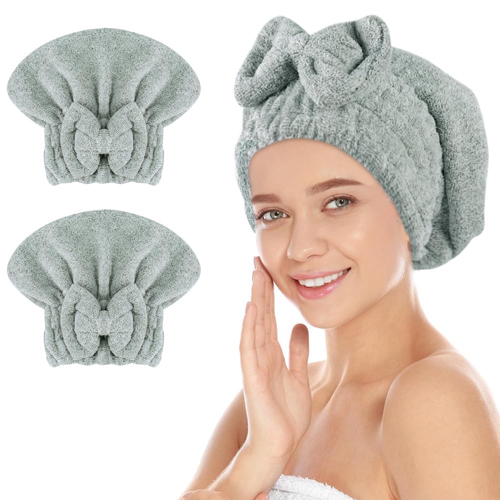SUNLAND Large Microfiber Hair Drying Caps with Bow Knot 2 Pack Purple