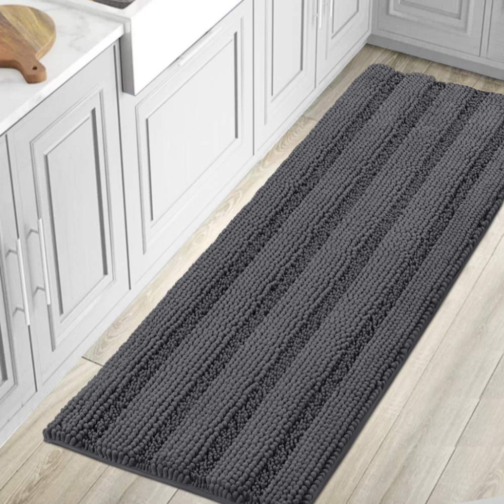 H.VERSAILTEX Grey Bathroom Rug Set Bath Mats, 2 Piece Bath Rugs Non Slip Thick Soft Chenille Striped Bath Rug Set, Bath Mats for Bathroom Sets (Grey, 20" x 32"/17" x 24")