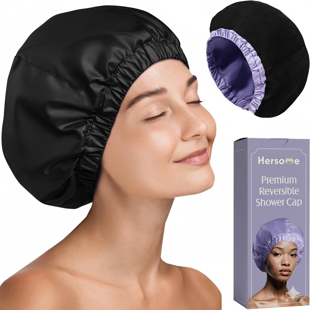 Premium Shower Cap for Women - 1000+ Showers, 100% Waterproof, Double-Sided, Large Shower Cap For Long Hair & Great For Curls (Anti-Frizz Terry Cloth Lining) (Lilac)
